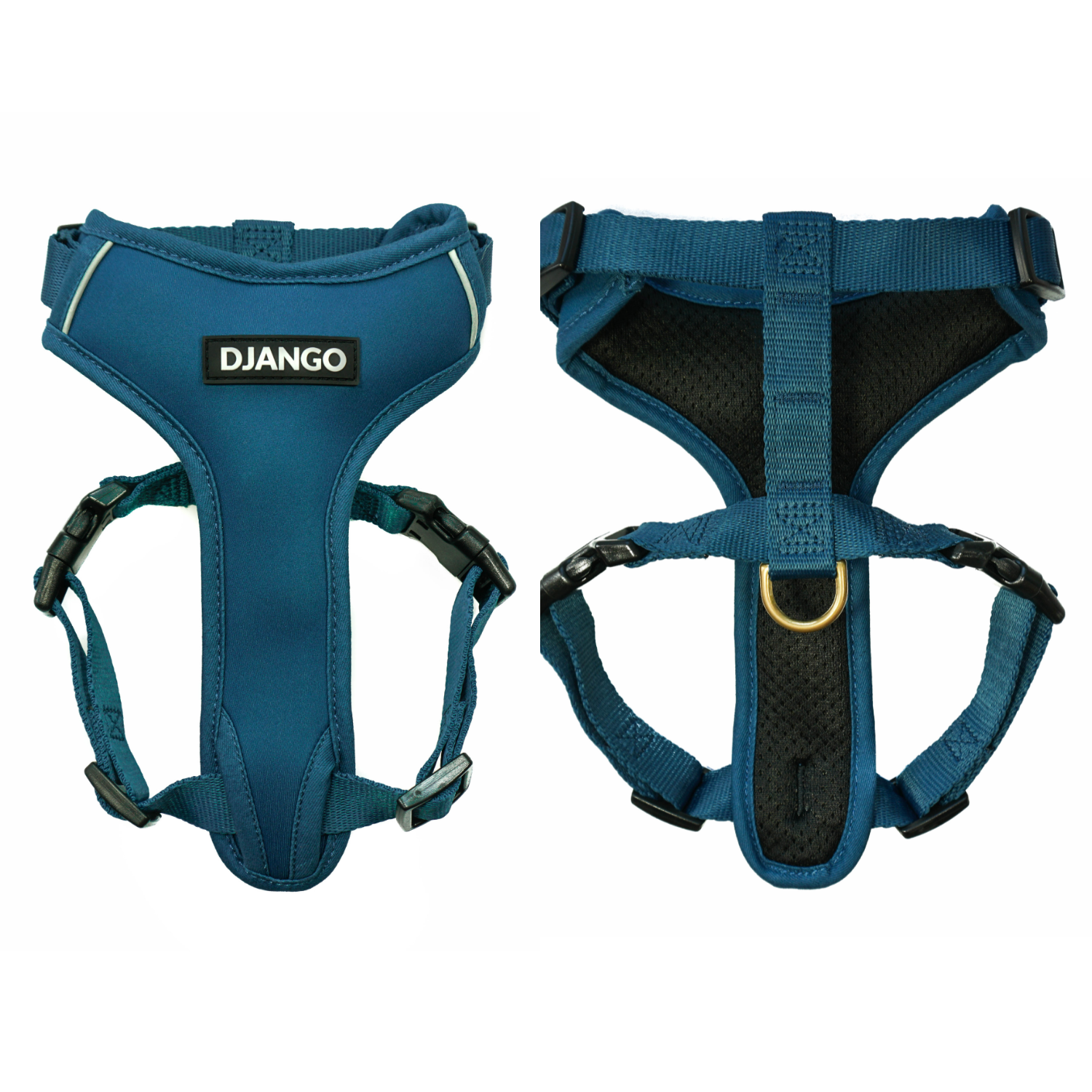 DJANGO Adventure Cat Harness in Indigo Blue shown from the front and back.