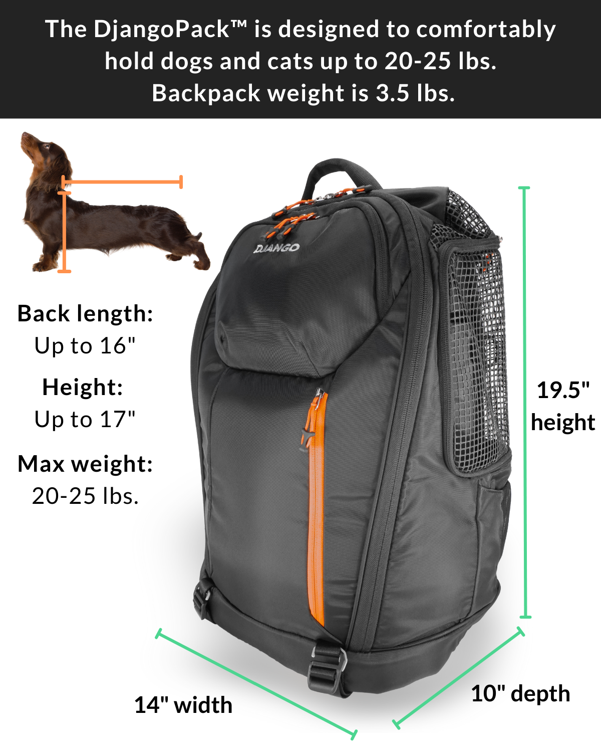 The DjangoPack™ Dog Carrier Backpack is a large pet backpack carrier designed to comfortably hold dogs and cats up to 20 lbs. To ensure correct sizing, please measure your pet's back length and height before ordering. 