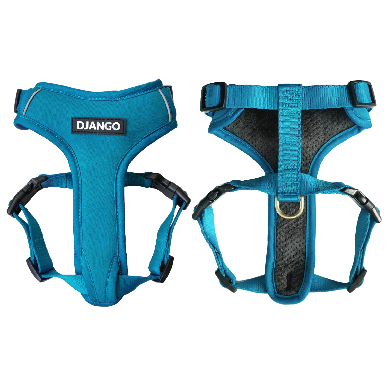 DJANGO Adventure Cat Harness in Pacific Blue shown from the front and back.