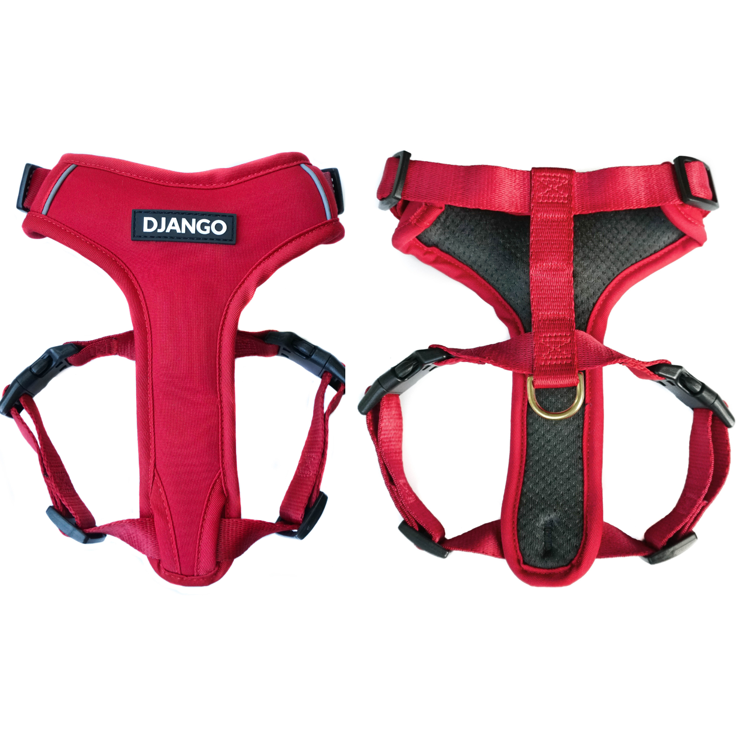 This vibrant red dog harness features a padded neoprene exterior, breathable mesh lining, and a secure, adjustable fit for small and medium dogs