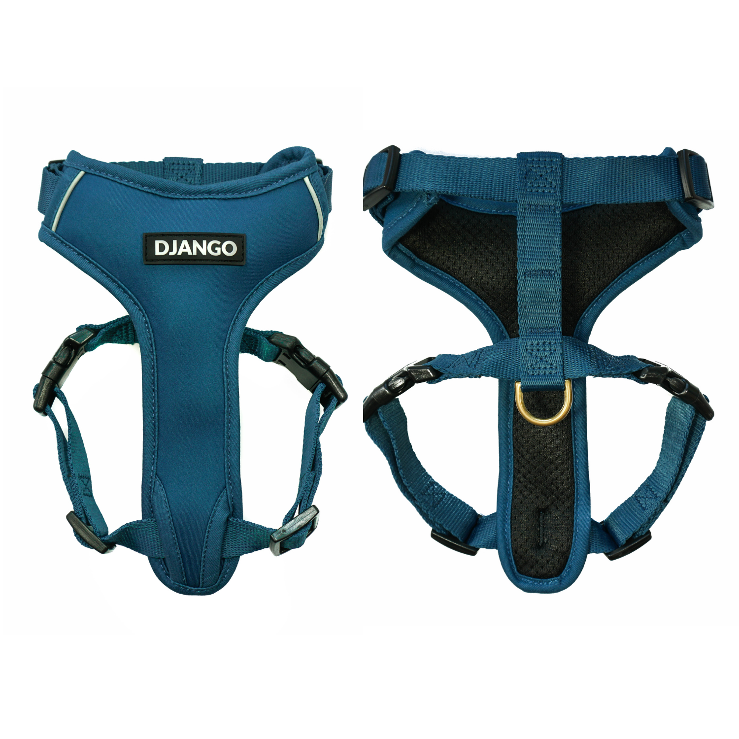 This stylish dog harness in indigo blue offers comfort, durability, and a secure fit with padded neoprene, breathable mesh lining, and adjustable straps for small and medium dogs.