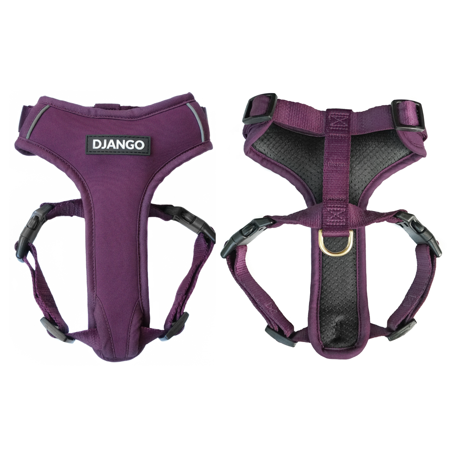 This stylish escape proof dog harness in plum purple offers comfort, durability, and a secure fit with padded neoprene, breathable mesh lining, and adjustable straps for small and medium dogs. Perfect for puppies, adult dogs, and senior dogs. 