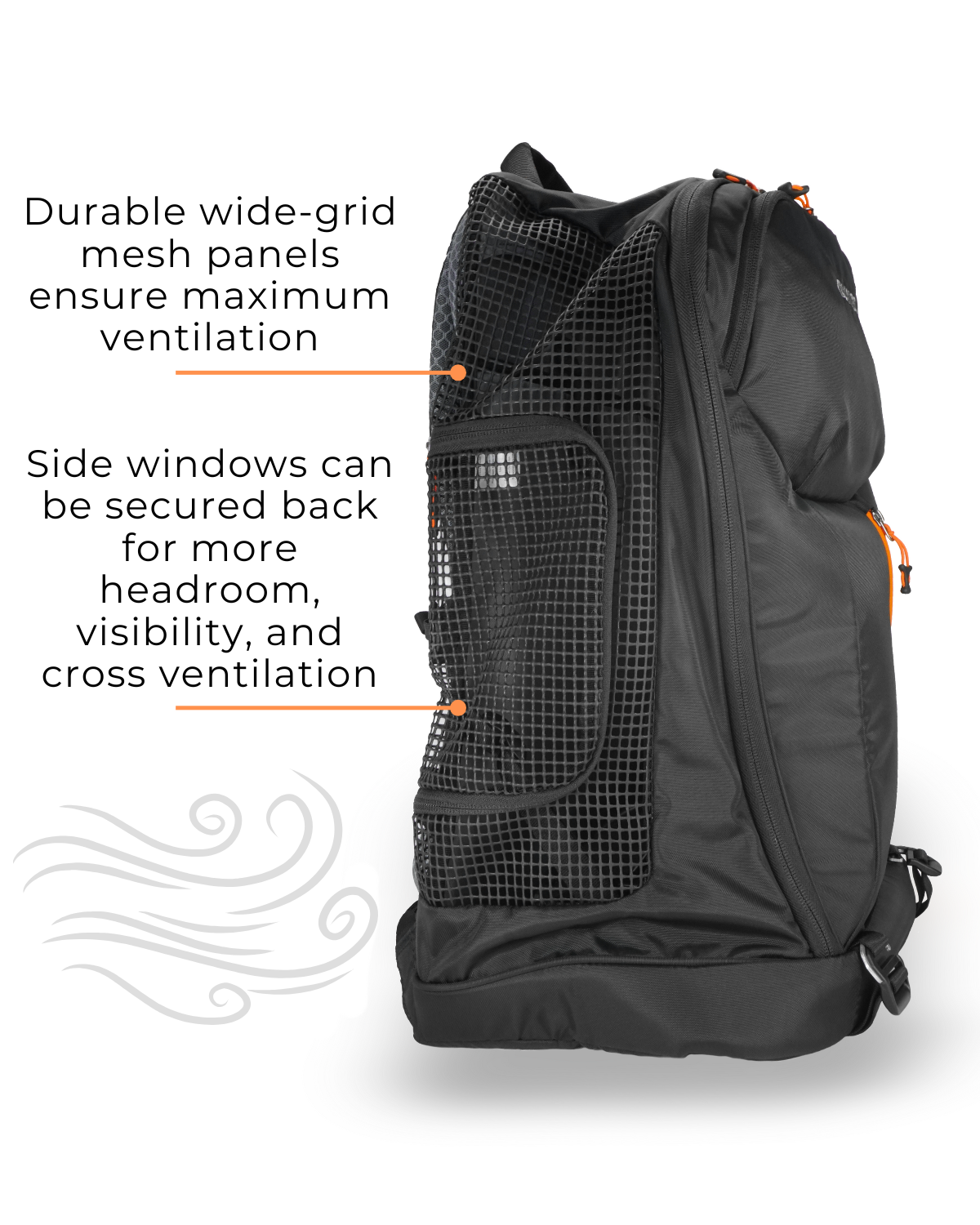 This DJANGO secure pet carrier backpack was designed with pet safety and comfort in mind. DJANGO's comfortable dog backpack carrier provides ample ventilation for pets. Two very large, wide grid coated mesh panels stretch down the sides of the pet backpack, allowing maximum airflow and cross ventilation.  This backpack carrier for cats and dogs will keep pets comfortable and happy on every adventure. 