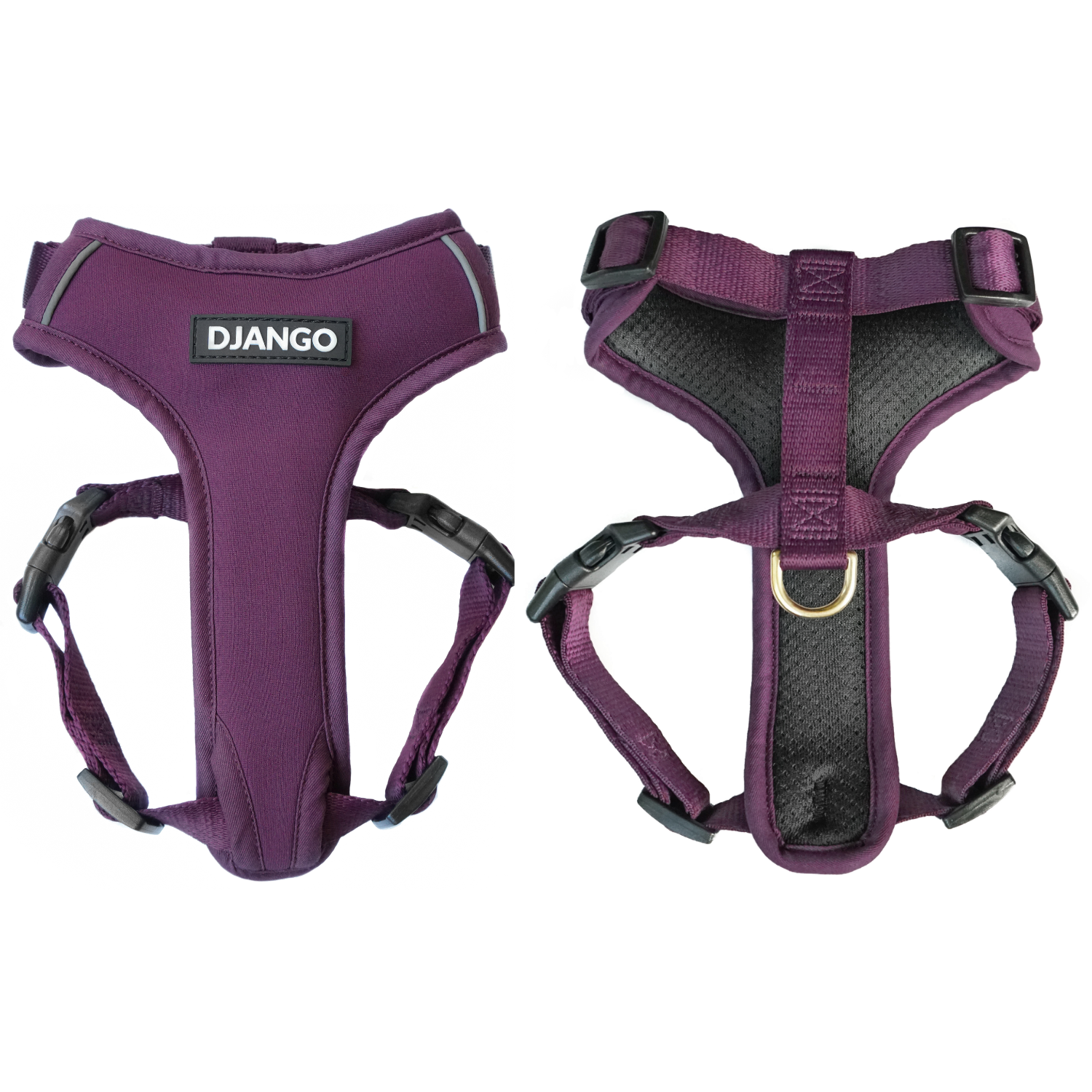 DJANGO Adventure Cat Harness in Plum Purple shown from the front and back.