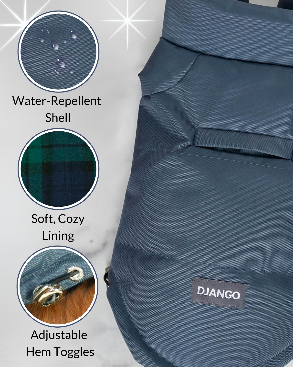 Close up view of DJANGO Reversible Puffer Dog Coat with feature highlights showing water-repellent fabric, cozy lining, and gunmetal adjustable hem toggle