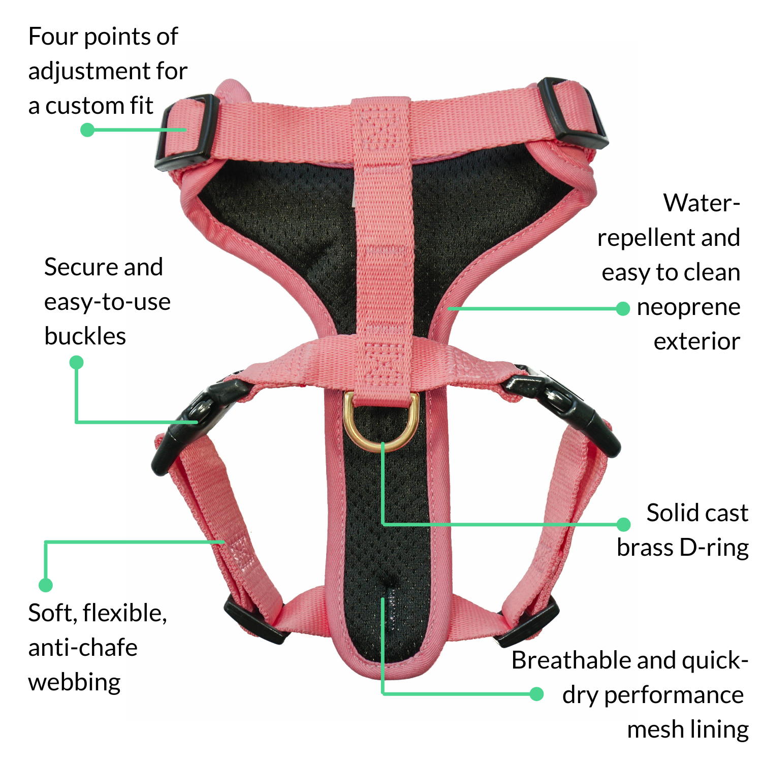 Feature diagram of the quartz pink DJANGO Adventure Cat Harness showing adjustable straps, secure buckles, breathable mesh lining, neoprene exterior, and brass D-ring.