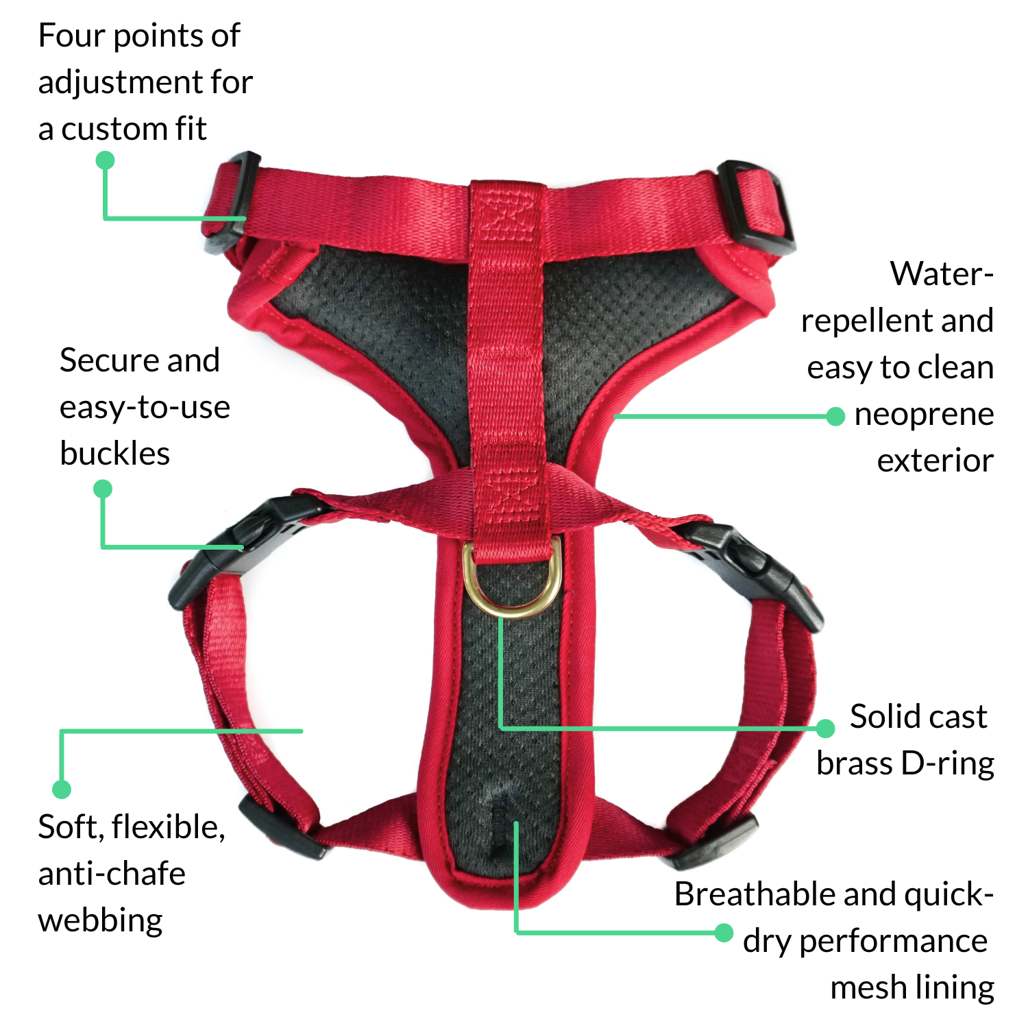 Feature diagram of the red DJANGO Adventure Cat Harness showing four adjustment points, secure buckles, breathable mesh lining, and solid brass D-ring.