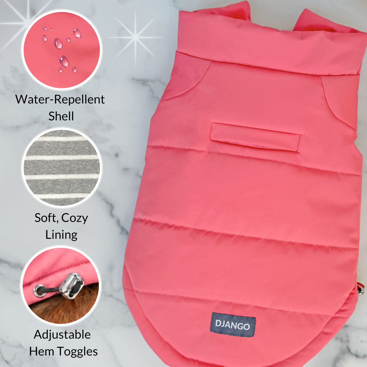 Feature callouts for DJANGO Snowline Puffer Dog Coat in color Rose Petal Pink including water-repellent shell, cozy striped lining, and adjustable hem toggles