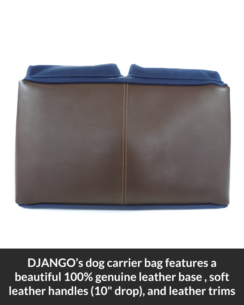 This dog carrier bag has leather trims. The pet tote carrier leather is used on the base, handles (10" drop), and trims including a stylish embossed DJANGO dog bag logo