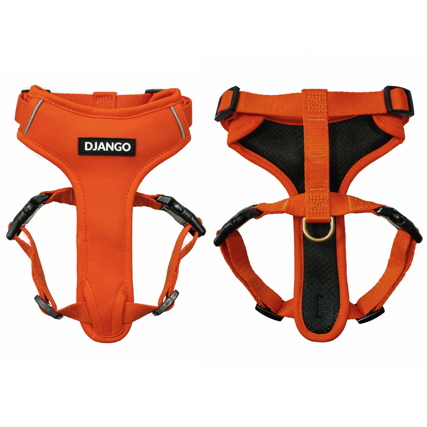 DJANGO Adventure Cat Harness in Sunset Orange shown from the front and back.