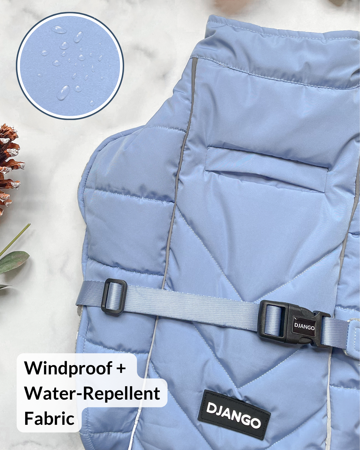 Blue puffer vest with windproof and water-repellent fabric, featuring the DJANGO brand logo.