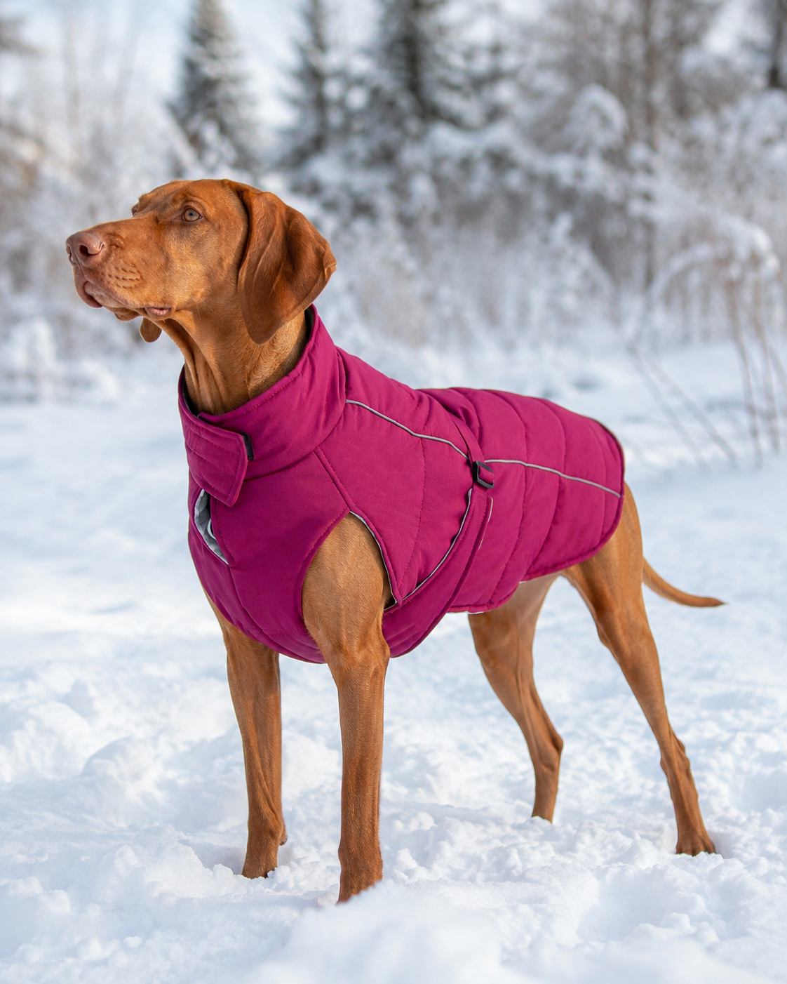 Vizsla dog standing in the snow wearing a bright magenta pink quilted winter coat for dogs, with a blurred snowy forest background.