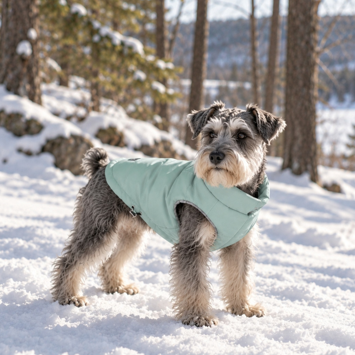 Miniature schnauzer standing in the snowy woods and wearing a soft and insulated winter dog coat in color sea foam green