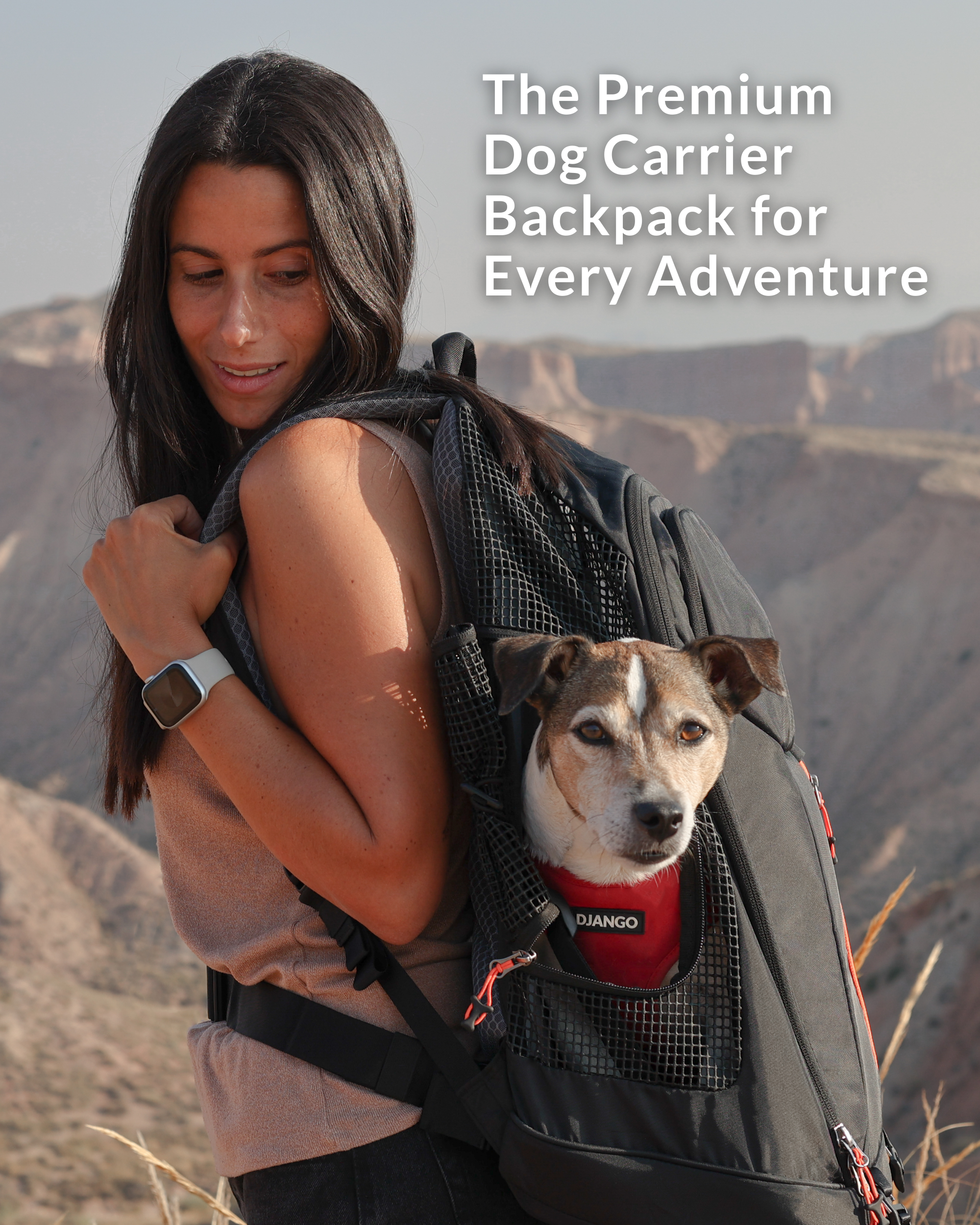 Woman hiking outdoors with a small dog in the DJANGO dog carrier backpack — premium hands-free travel carrier for dachshunds, corgis, French bulldogs, pugs, and adventurous small breeds