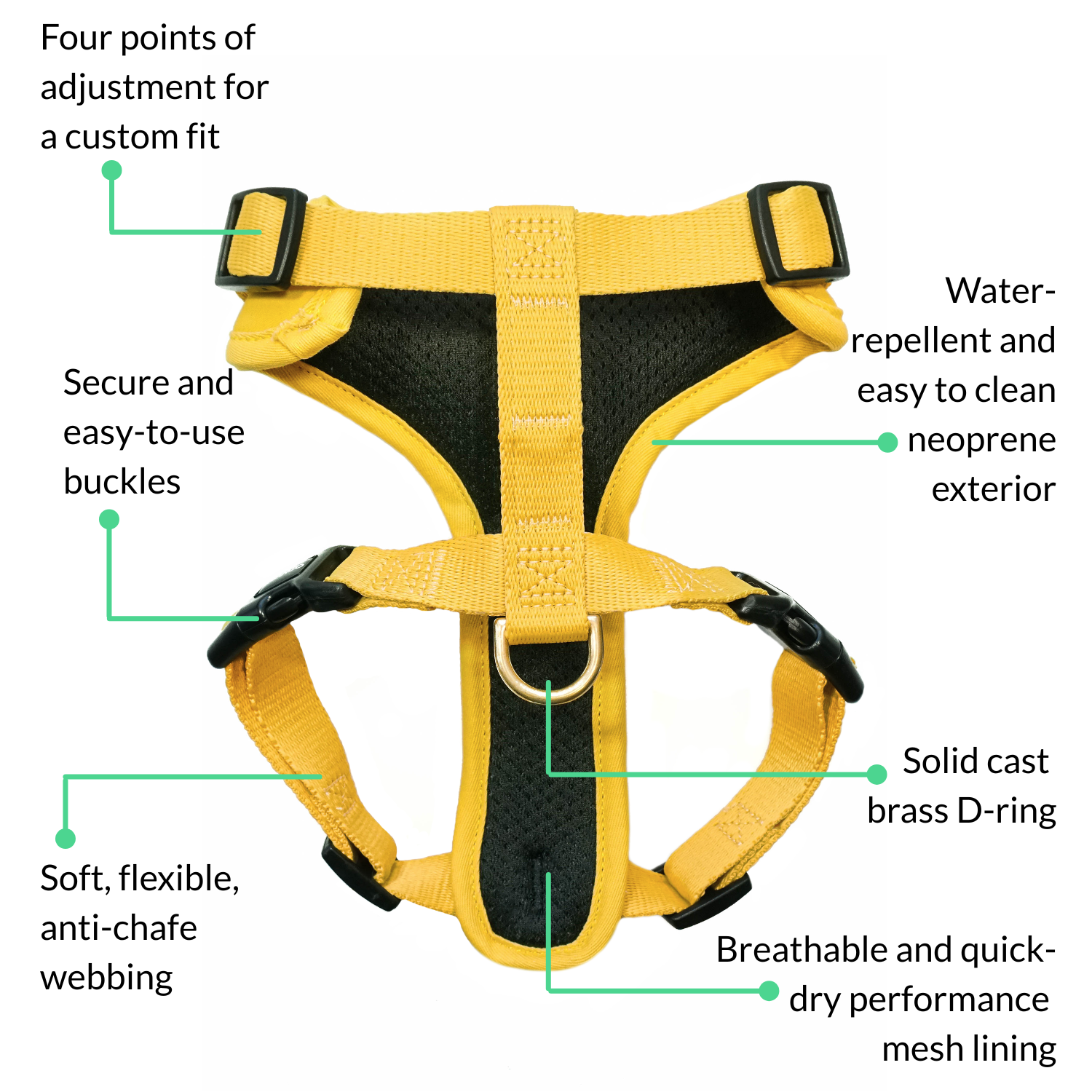 Feature diagram of the yellow DJANGO Adventure Cat Harness showing adjustable fit, secure buckles, breathable mesh, water-resistant neoprene, and brass D-ring.