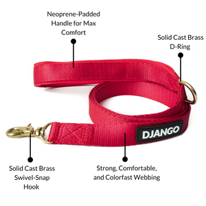 DJANGO Adventure Dog Leash in Crimson Red – Strong, Comfortable, and Stylish Dog Leash with Solid Brass Hardware and Padded Handle - Designed for Outdoor Adventures and Everyday Use - djangobrand.com