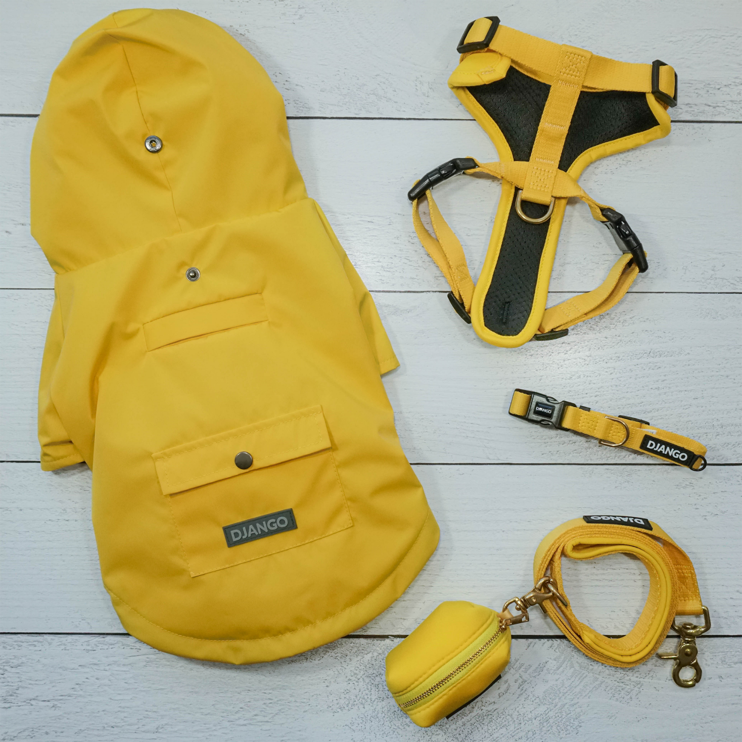 DJANGO Adventure Dog Harness, Dog Collar, Dog Leash, Poop Bag Holder, and Highland Cold Weather Dog Jacket and Raincoat in Dandelion Yellow - djangobrand.com