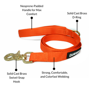 DJANGO Adventure Dog Leash in Sunset Orange – Strong, Comfortable, and Stylish Dog Leash with Solid Brass Hardware and Padded Handle - Designed for Outdoor Adventures and Everyday Use