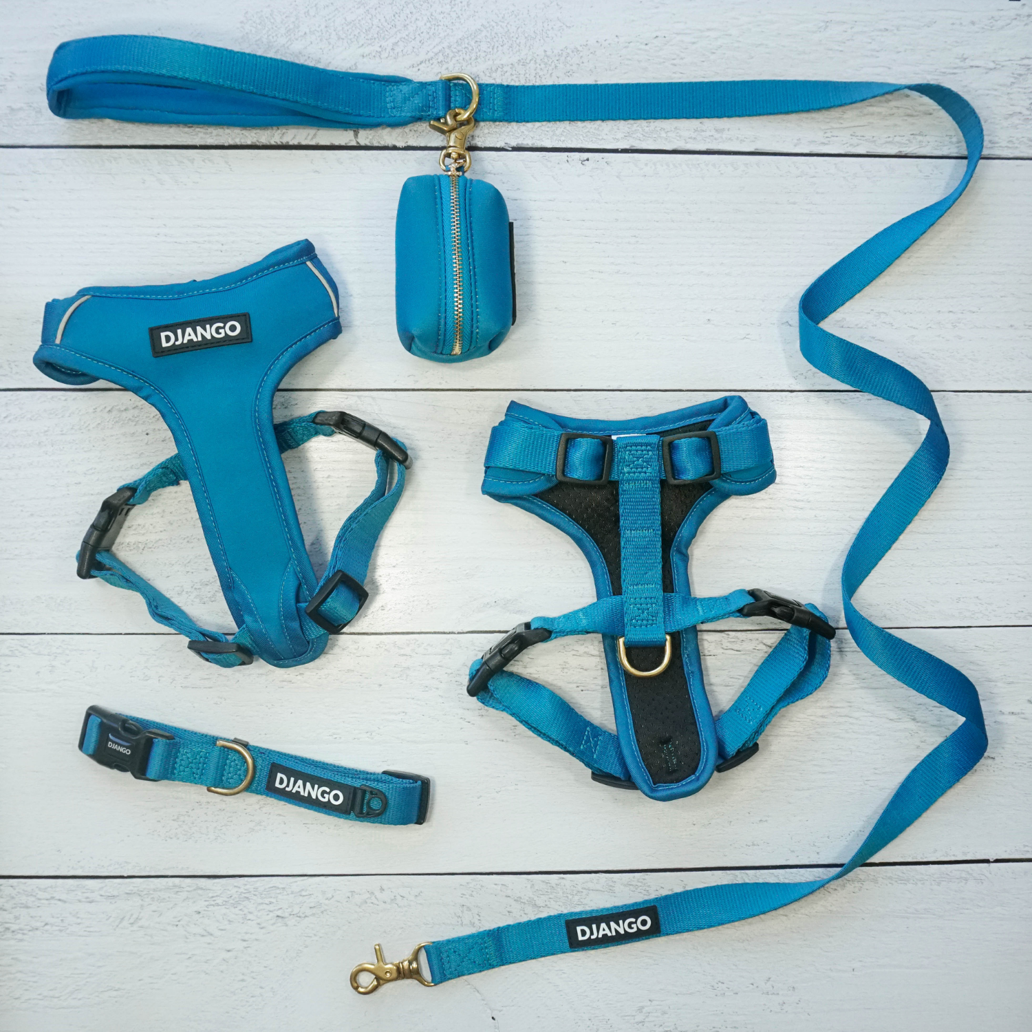 DJANGO Adventure Bundle in Pacific Blue - The Adventure Bundle includes our comfortable, durable, and weather-resistant Adventure Dog Harness, Adventure Dog Collar, Standard Adventure Dog Leash, and chic Waste Bag Holder. All items feature high-strength and corrosion-resistant solid brass hardware. Save $$$ when you complete your set and order the Adventure Bundle - djangobrand.com