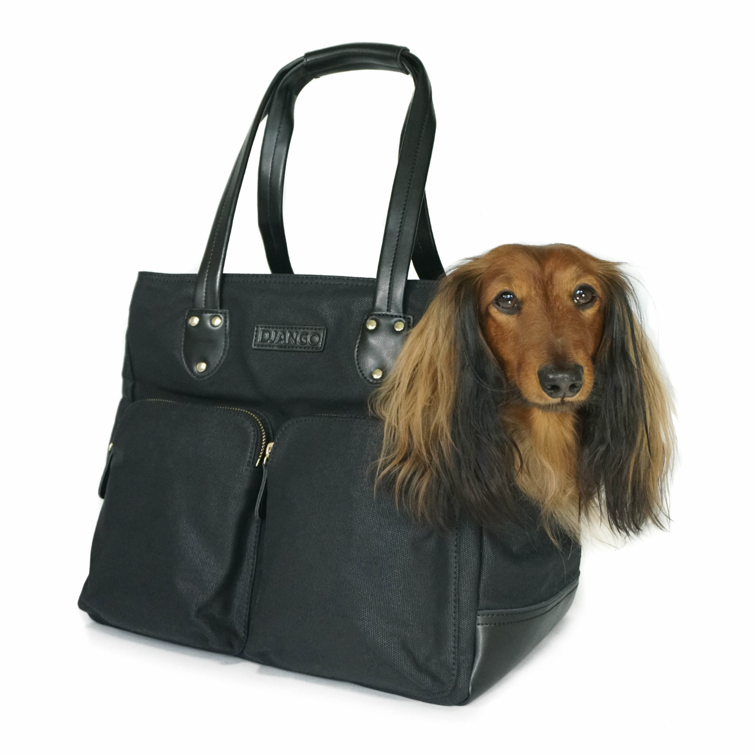 Dog Carrier Bag - Waxed Canvas & Leather Pet Travel Tote - Black - DJANGO