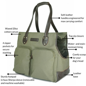 DJANGO Dog Carrier Bag - Waxed Canvas and Leather Pet Travel Tote in Olive Green - djangobrand.com