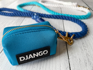 DJANGO Dog Waste Bag Holder - Chic and classy poop bag holder for dogs - Pacific Blue neoprene with solid brass hardware - djangobrand.com