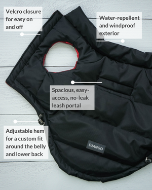 DJANGO Reversible Puffer Dog Coat - This DJANGO puffer coat for dogs is comfortable, durable, reversible, and water-repellent. The insulated winter dog coat, considered the best puffer coat for small dogs, features an easy on-off velcro closure and toggles to adjust the hem for a more custom fit. This winter puffer dog coat pairs perfectly with your favorite DJANGO harness and leash set as well! - djangobrand.com