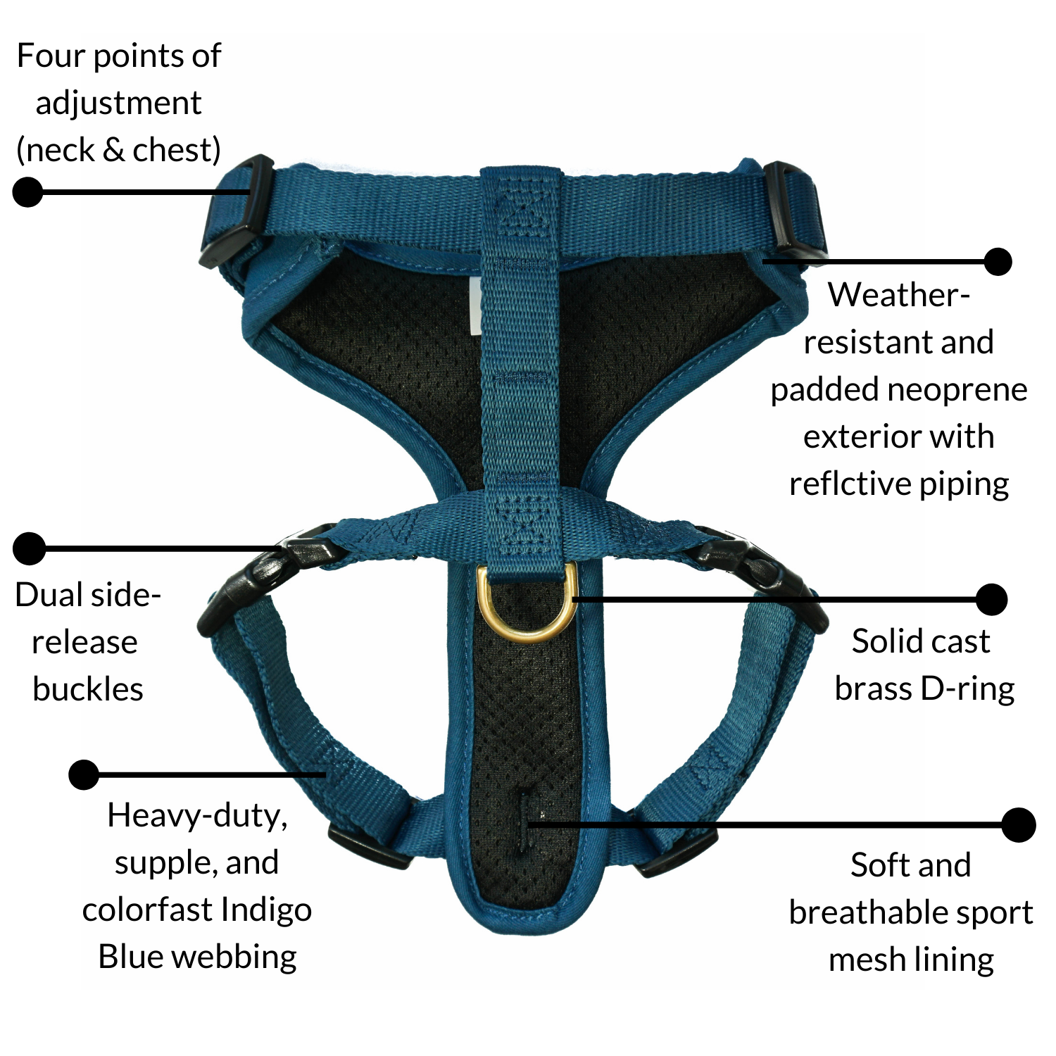 Django Adventure Dog Harness - Comfortable Neoprene Everyday and Weather-Resistent Dog Harness in Indigo Blue - djangobrand.com