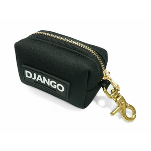 DJANGO Dog Waste Bag Holder - Chic and classy poop bag holder for dogs - Black neoprene with solid brass hardware - djangobrand.com