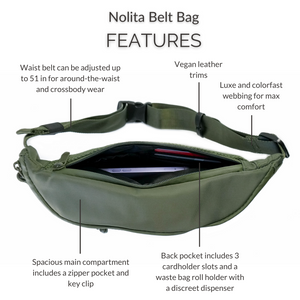 DJANGO Nolita Belt Bag in Olive Green - Modern, sleek, ultra-functional, and dog-friendly nylon fanny pack for everyday outings and adventures - djangobrand.com