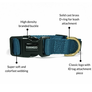 DJANGO Adventure Dog Collar in Indigo Blue - Modern, durable, and stylish collar for small and medium dogs and puppies with solid cast brass hardware - djangobrand.com